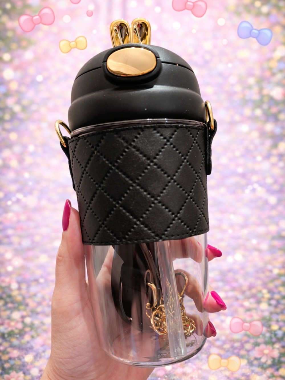 Crossbody Quilted Black & Gold Acrylic Bottle with Straw
